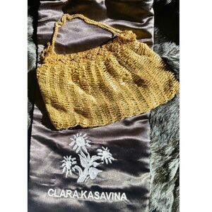 Vintage Clara Kasavina Gold Beaded Rhinestone Evening Clutch Bag Optional Chain